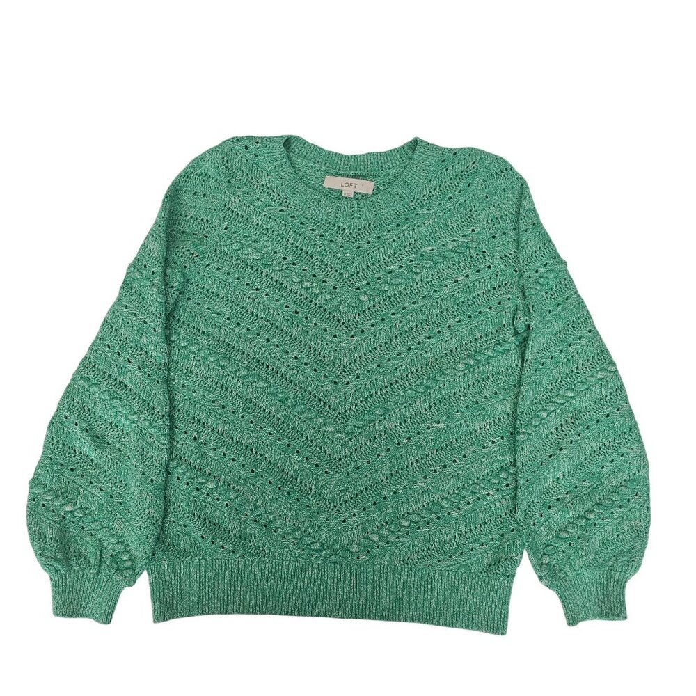 LOFT Bobble Pointelle Balloon Sleeve Pullover Knit Sweater Green Size Medium - Picture 2 of 8